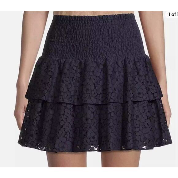NEW MILLY Wyatt Cotton Lace Skirt 8 Navy Tiered Floral Smocked Waist Angst $325 - Picture 1 of 14
